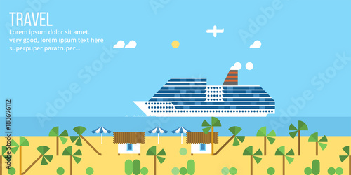 Tropical island. Bungalows on the island. Vector background. Cruise ship on the beach background.