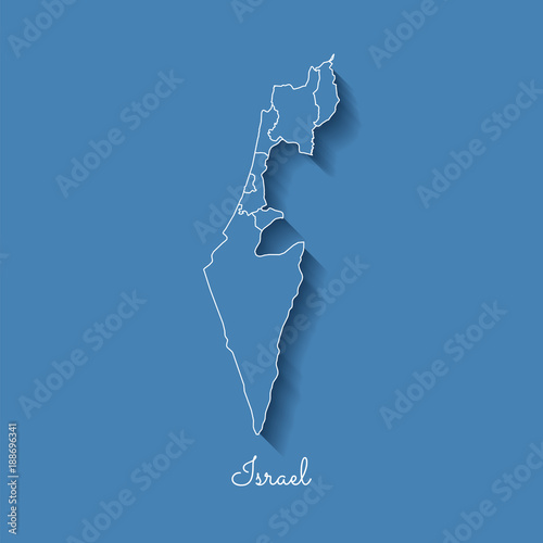 Israel region map: blue with white outline and shadow on blue background. Detailed map of Israel regions. Vector illustration.