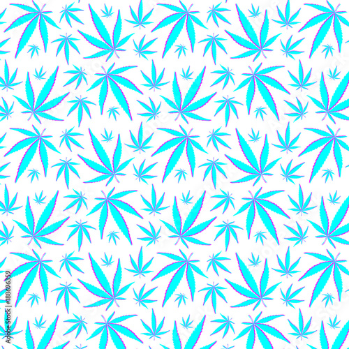 Seamless cannabis leaf pattern with an offset 3D style in blue and pink.