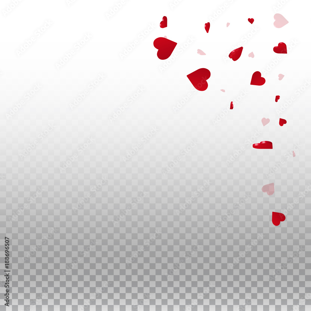 3d hearts valentine background. Top right corner on transparent grid light background. 3d hearts valentines day classy design. Vector illustration.