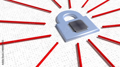 Картината върху платно Red arrows hitting a silver padlock on random letter floor with cpu on