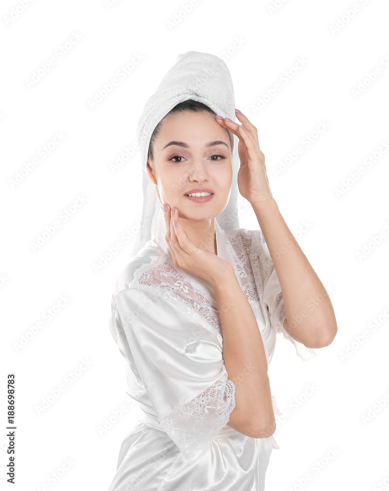 Attractive young woman with silky skin after applying cream on white background Attractive young woman with silky skin after applying cream on white background