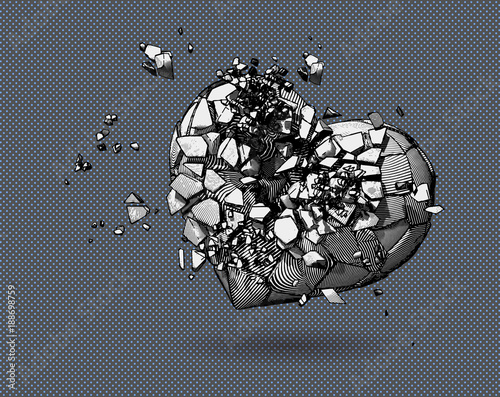 Engraving drawing broken heart illustration on gray BG