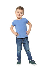 Cute kindergarten boy on white background