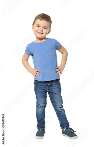 Cute kindergarten boy on white background photo