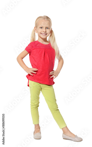Cute kindergarten girl on white background