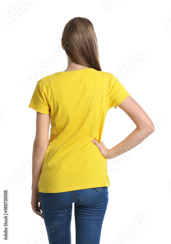 Young woman in yellow t-shirt on white background. Mockup for design