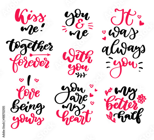 Valentine s Day lettering vector set. Isolated handwriting calli
