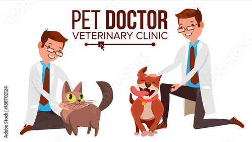 Fototapeta Naklejka Na Ścianę i Meble -  Veterinarian Male Vector. Dog And Cat. Clinic For Animals. Pet Doctor. Treatment For Wild, Domestic Animals. Isolated Flat Cartoon Illustration