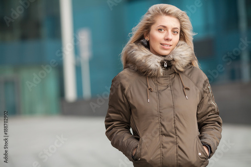 Young blonde woman winter portrait