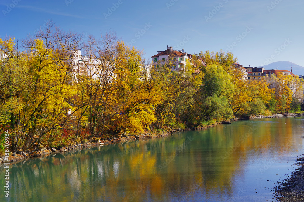 Autumn colours around the Arve River in Geneva, Switzerland, Europe