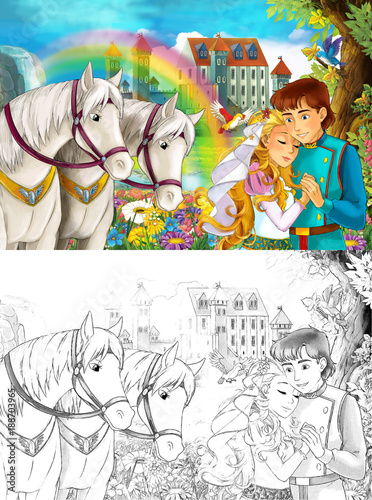 cartoon scene with young princess and prince - happy couple - watching two white horses near beautiful medieval castle waterfall and rainbow - scene with coloring page illustration for children © honeyflavour