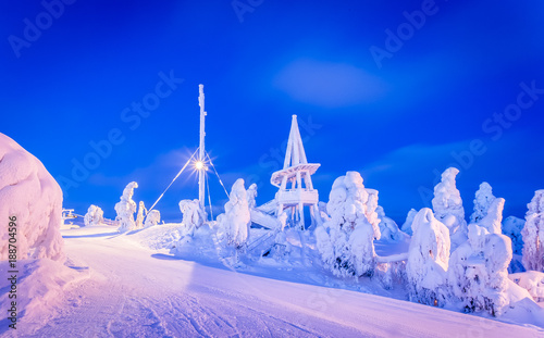 Heavy snow landsscape from Vuokatti ski resort. Sotkamo, Finland.