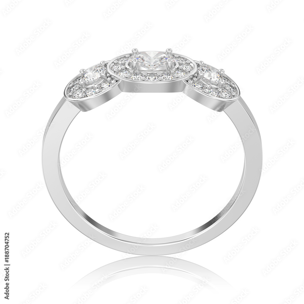 3D illustration isolated white gold or silver three stone solitaire engagement ring with reflection 3D illustration isolated white gold or silver three stone solitaire engagement ring with reflection