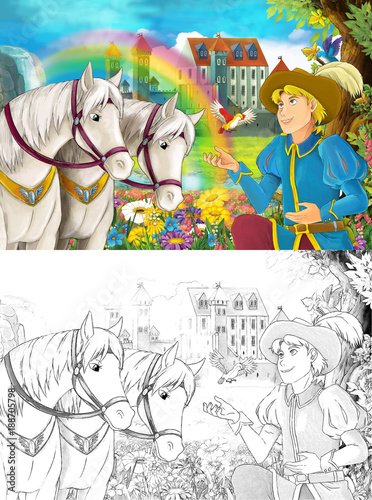 cartoon scene with prince or king near some beautiful rainbow waterfall and medieval castle illustration for children  © honeyflavour