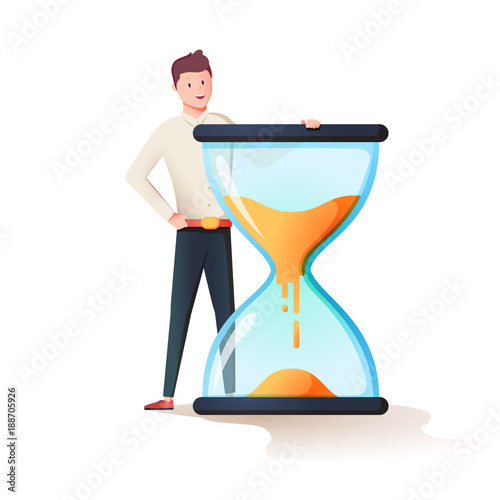 Time management, control. Vector illustration flat design. Isolated on background. Businessman stang near sandclock.