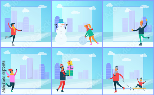 Cityscape and Wintertime Set Vector Illustration