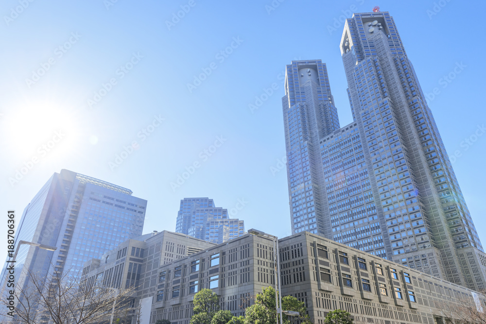 Obraz premium Tokio Wielkomiejskiego rzędu biura 1st Główny budynek i Tokio Wielkomiejski Capitol budynek w jesieni Pogodnej