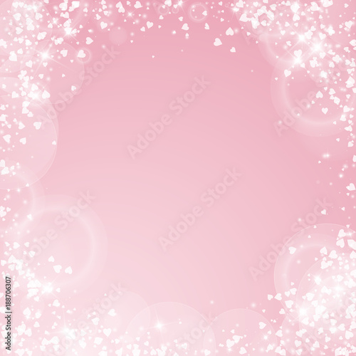 Falling hearts valentine background. Corner frame on pink background. Falling hearts valentines day majestic design. Vector illustration.