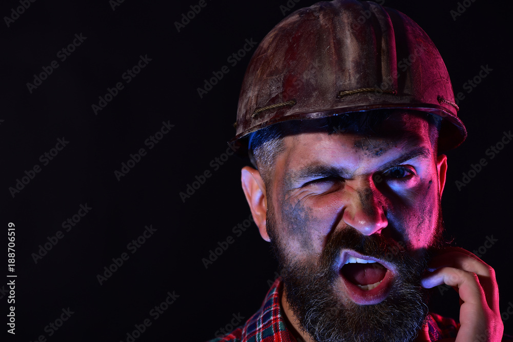 Fototapeta premium Man with itchy face isolated on black background, copy space