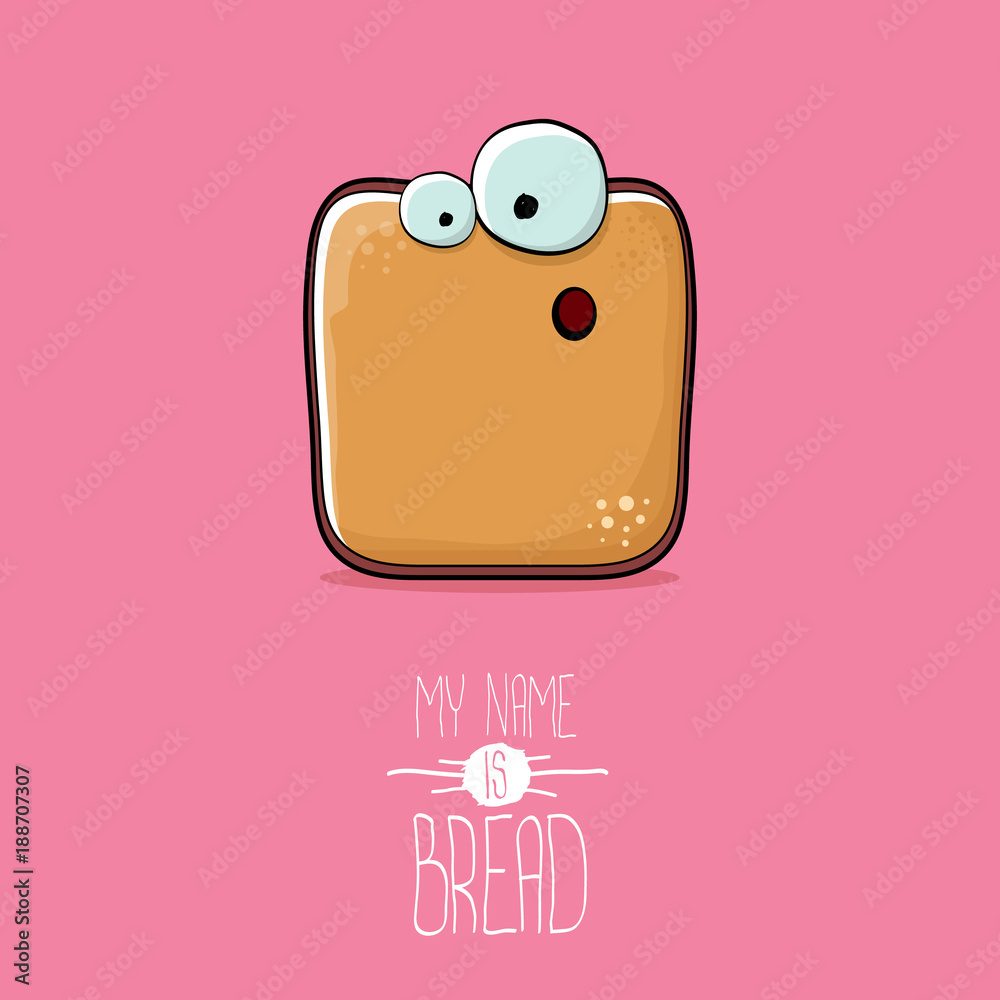 vector funky cartoon cute sliced bread character isolated on pink background. My name is bread concept illustration. funky food character with eyes and mouth vector funky cartoon cute sliced bread character isolated on pink background. My name is bread concept illustration. funky food character with eyes and mouth