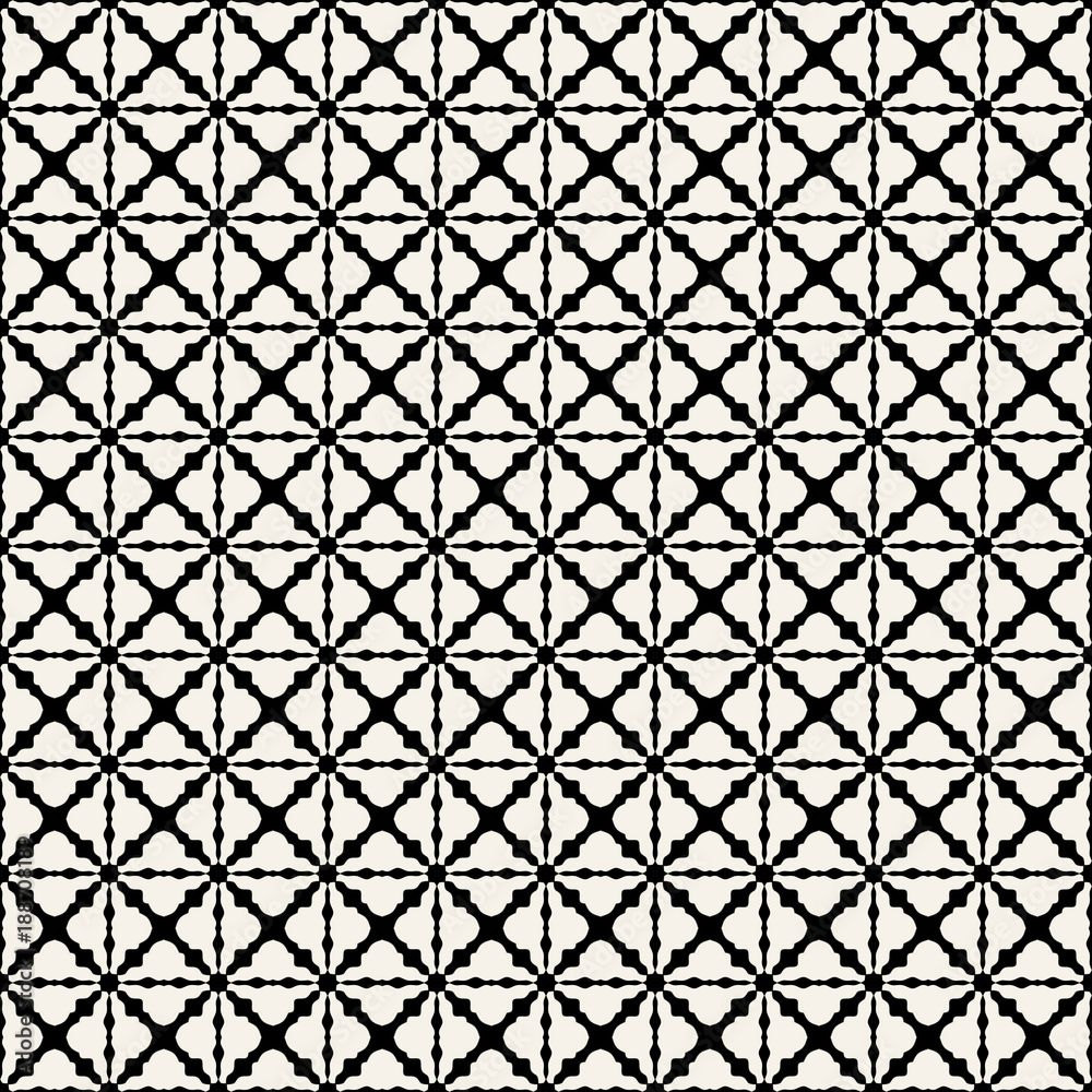 Fabric print. Geometric pattern in repeat. Seamless background, mosaic ornament, ethnic style. Two colors Fabric print. Geometric pattern in repeat. Seamless background, mosaic ornament, ethnic style. Two colors
