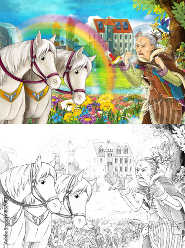 cartoon fairy tale scene with older woman in the field full of flowers near small waterfall colorful rainbow and big castle - scene with colorign page -  illustration for children