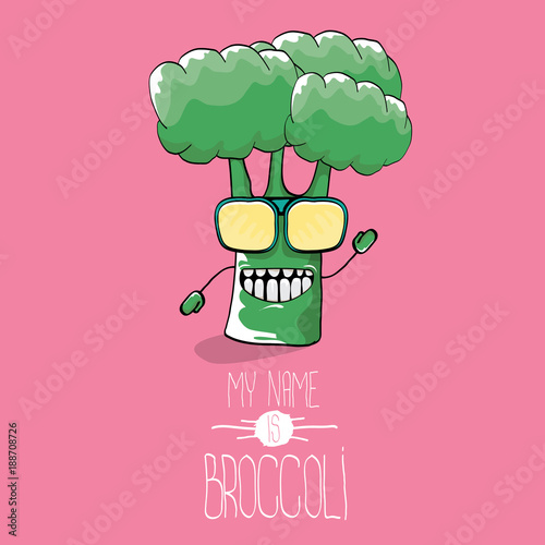 vector funny cartoon cute green smiling broccoli character isolated on pink background.