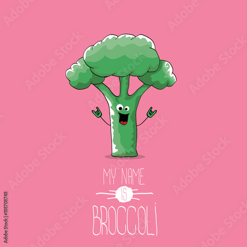 vector funny cartoon cute green smiling broccoli character isolated on pink background.