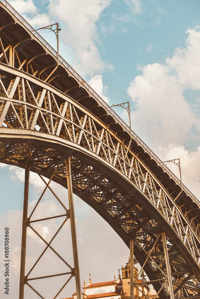 Fototapeta premium From below view of metal bridge of Luis II in Oporto, Portugal.