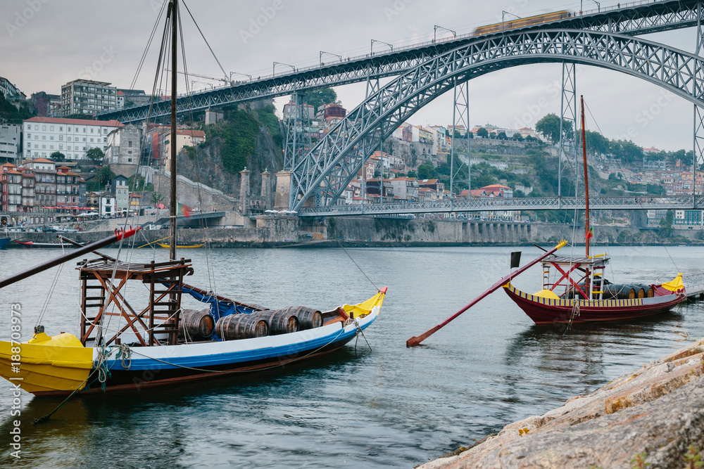 Boats floating in city river of Porto. Portugal.