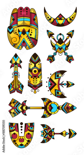 Set of bohemian symbols. Vector illustration of hamsa, arrows, moon, mask,  feather. Decorative and tattoo style.