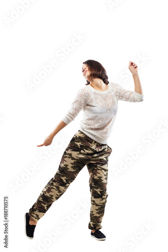 dancing girl in camouflage pants