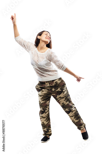 dancing girl in camouflage pants