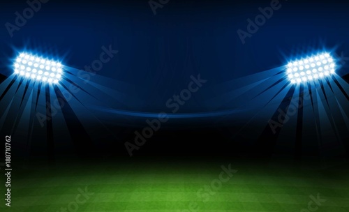 Football arena field with bright stadium lights vector design. Vector illumination