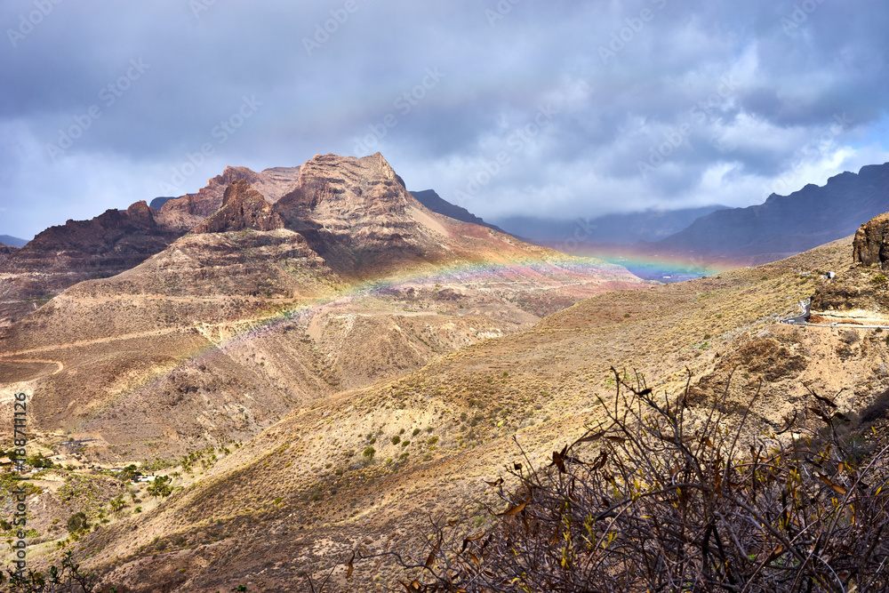 Rainbow over Mountain landscape of Gran Canaria island, Spain / Valley of 