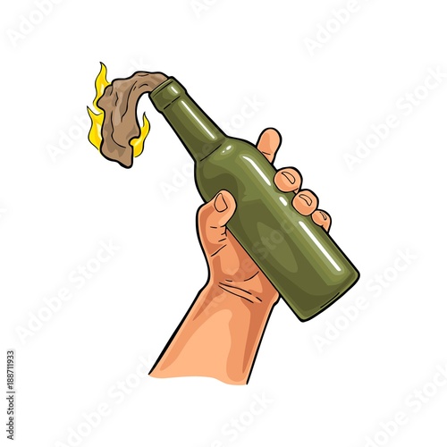 Male hand holding Molotov Cocktail. Flat vintage vector illustration.