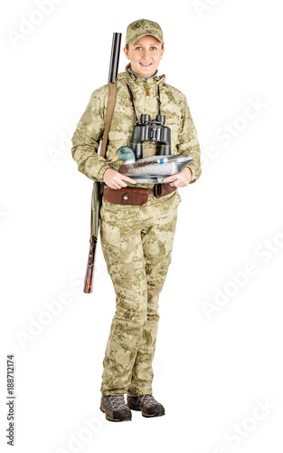 female hunter with plastic duck decoy Isolated on white background.