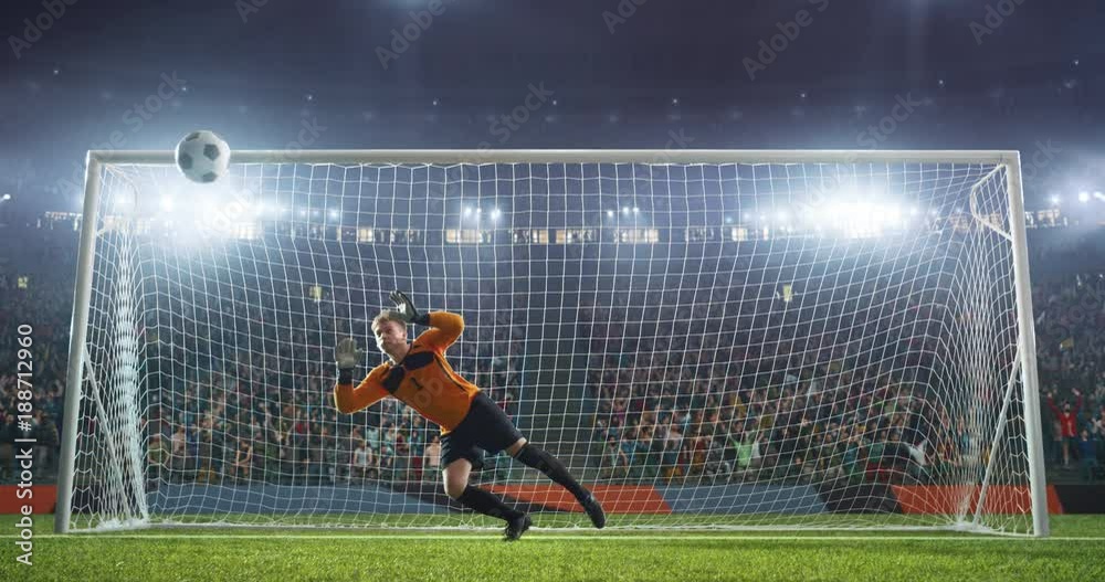 Soccer goalkeeper in action on professional stadium