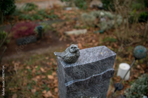 Vogel auf einem Grabstein 