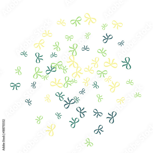 Festive Background with Colorful Bows. Trendy Pattern for Postcard, Print, Banner or Poster. Little Pretty Bows For Party Decoration, Wedding, Birthday or Anniversary Invitation. Vector Frame.