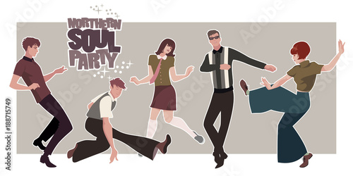 Group of five young people wearing retro clothes, dancing Mod or Northern Soul style photo