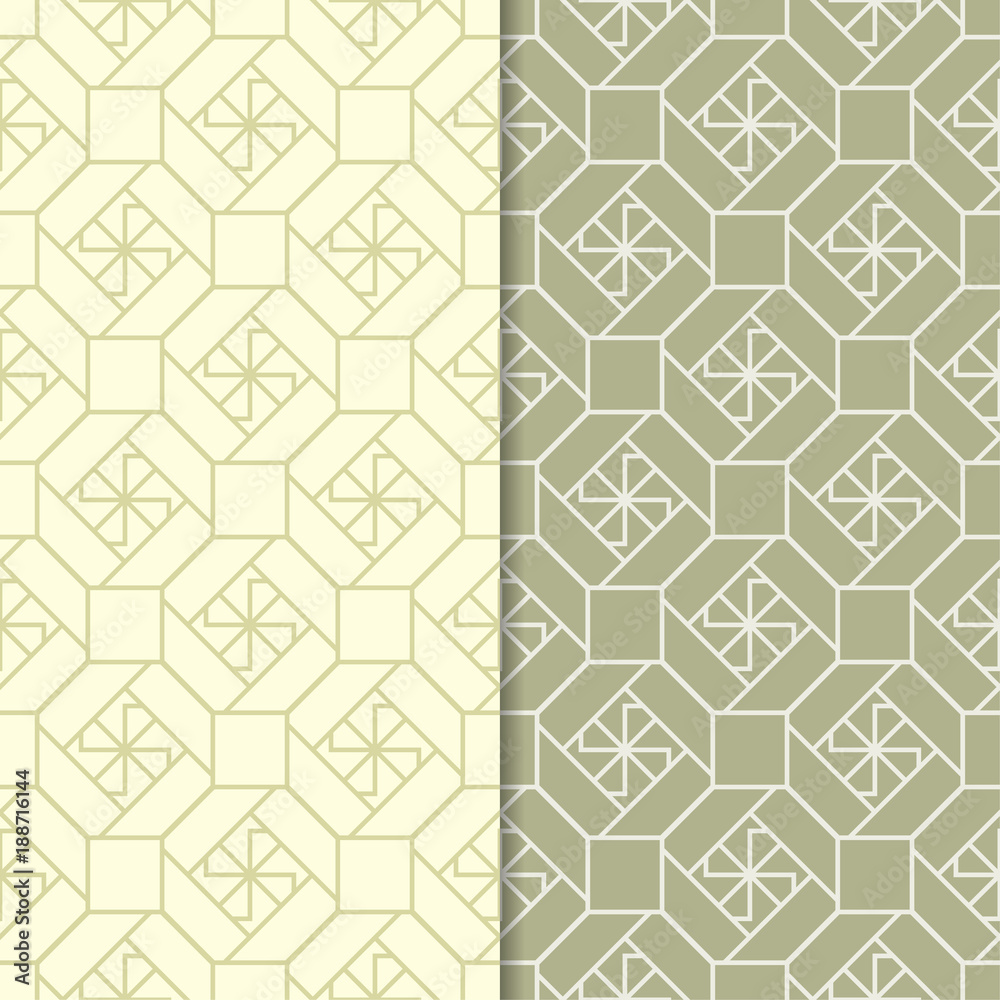 Olive green set of seamless geometric patterns Olive green set of seamless geometric patterns