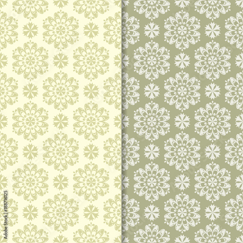 Olive green floral designs. Set of seamless patterns