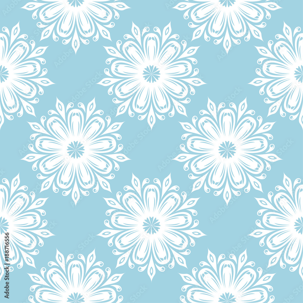 White flowers on blue background. Ornamental seamless pattern White flowers on blue background. Ornamental seamless pattern