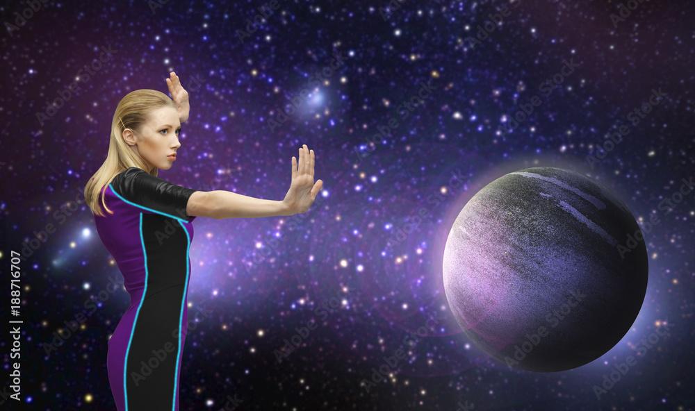 futuristic woman over planet and stars in space futuristic woman over planet and stars in space
