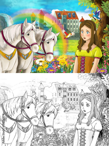 cartoon scene with young princess watching two white horses near beautiful medieval castle waterfall and rainbow with coloring page illustration for children © honeyflavour