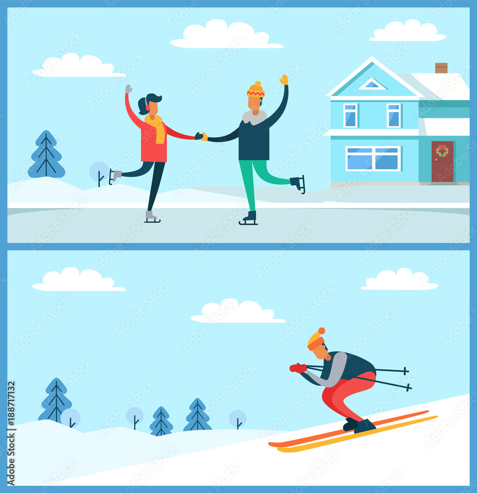 Fotografie Skating Couple and Skier Set Vector Illustration