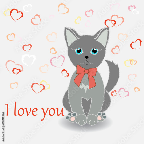 Cute kitten wishes happy Valentine's Day. Text- I love you. Illustration. Vector. © 008melisa