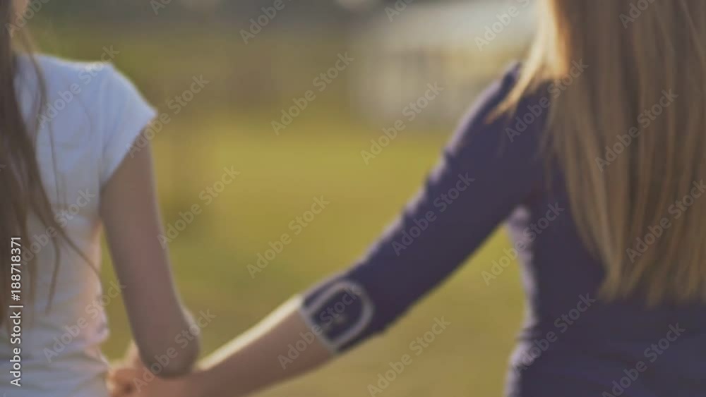 Two girlfriends, holding hands, walking together on a green meadow. Their long hair flies in the wind. Summer. The youth. Two girlfriends, holding hands, walking together on a green meadow. Their long hair flies in the wind. Summer. The youth.